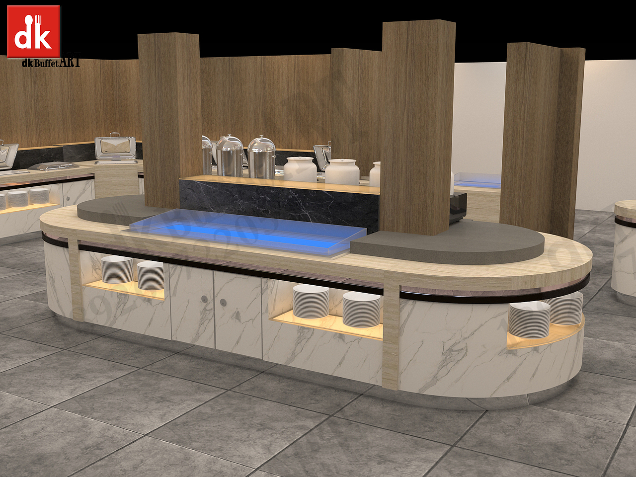 dk品牌自助餐台设计效果图 酒店双层布菲台 酒店早餐台