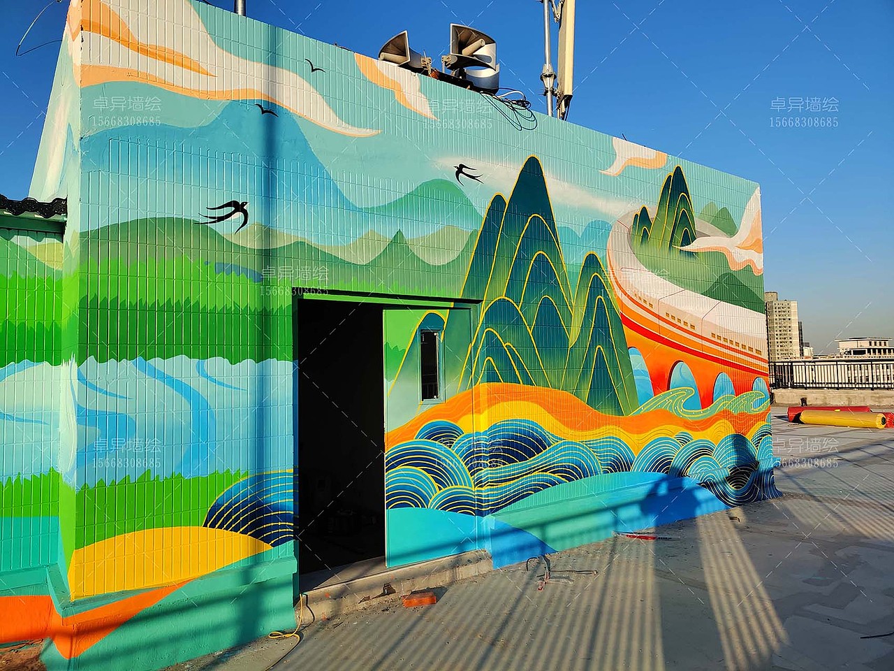 室外原创插画风格墙绘、国风卡通墙绘