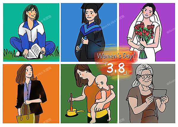 3月8日妇女节主题女性从少女到结婚生子老年的一生