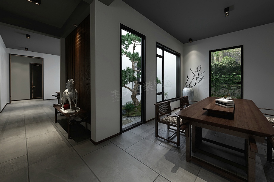 高屋林语堂联排户型装修图,合院别墅中式风设计案例