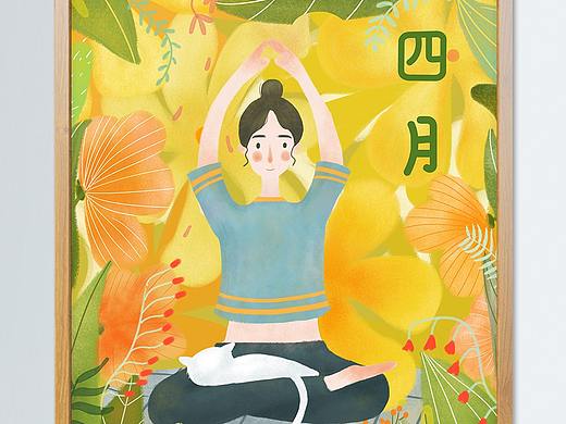 四月你好，森林中瑜伽少女插画