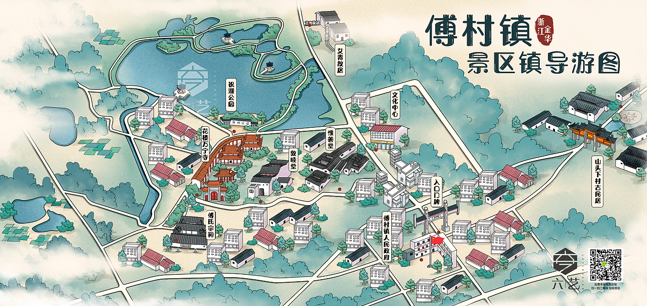 古风山水村庄导览图手绘地图特色指引图国潮