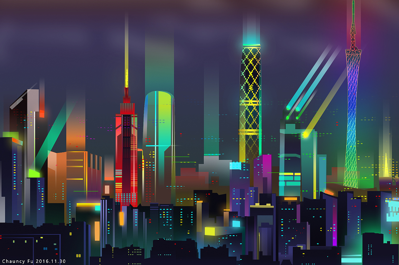 2017——一幅广州夜景（含小教程）（图ZNjQ4NjEwOTY=） - 艺术插画 - 站酷设计师ChauncyFu原创素材 - 站酷ZCOOL
