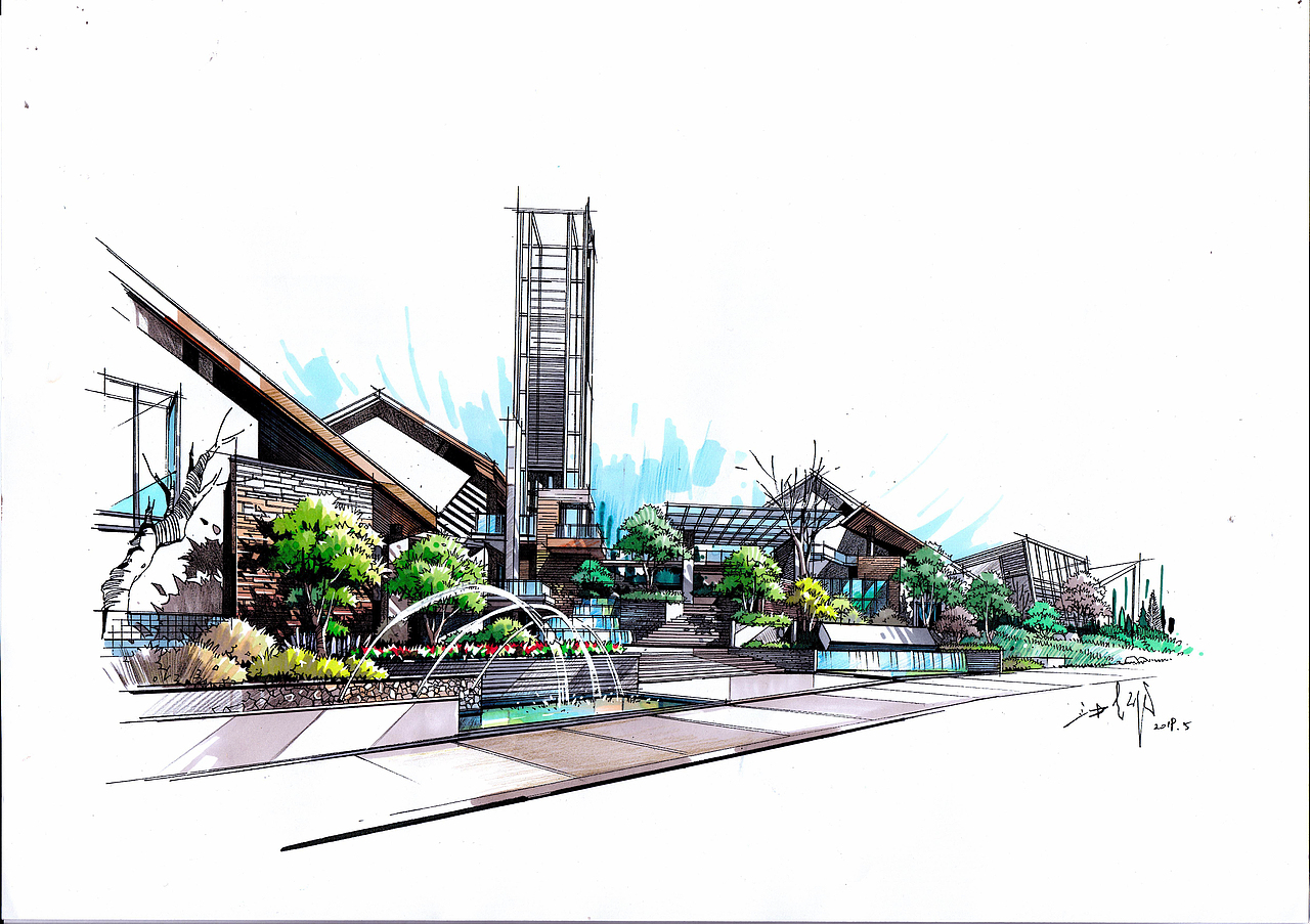 建筑手绘马克笔上色