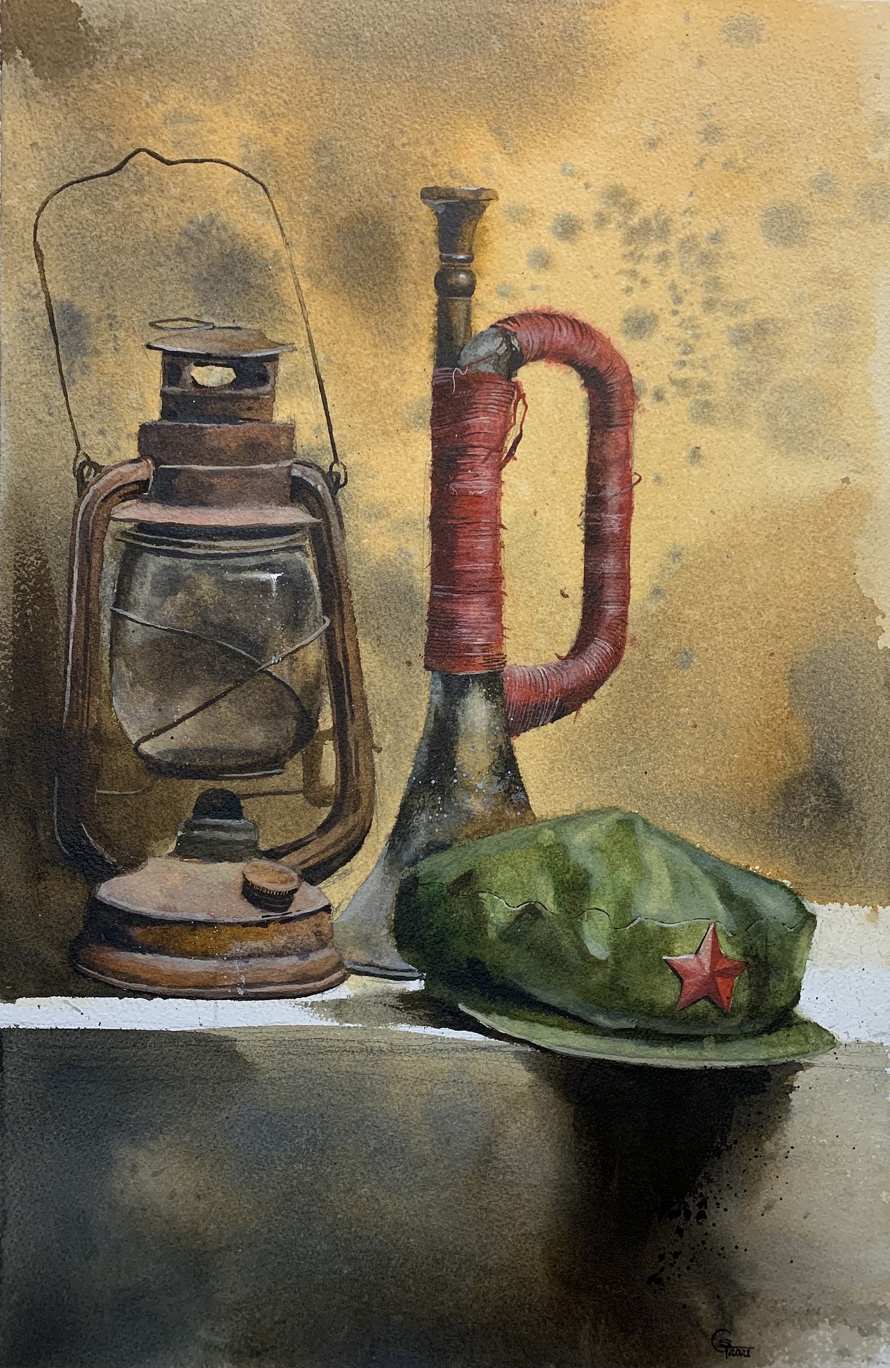 《回声嘹亮》 54*37cm 水彩 红色主题静物画