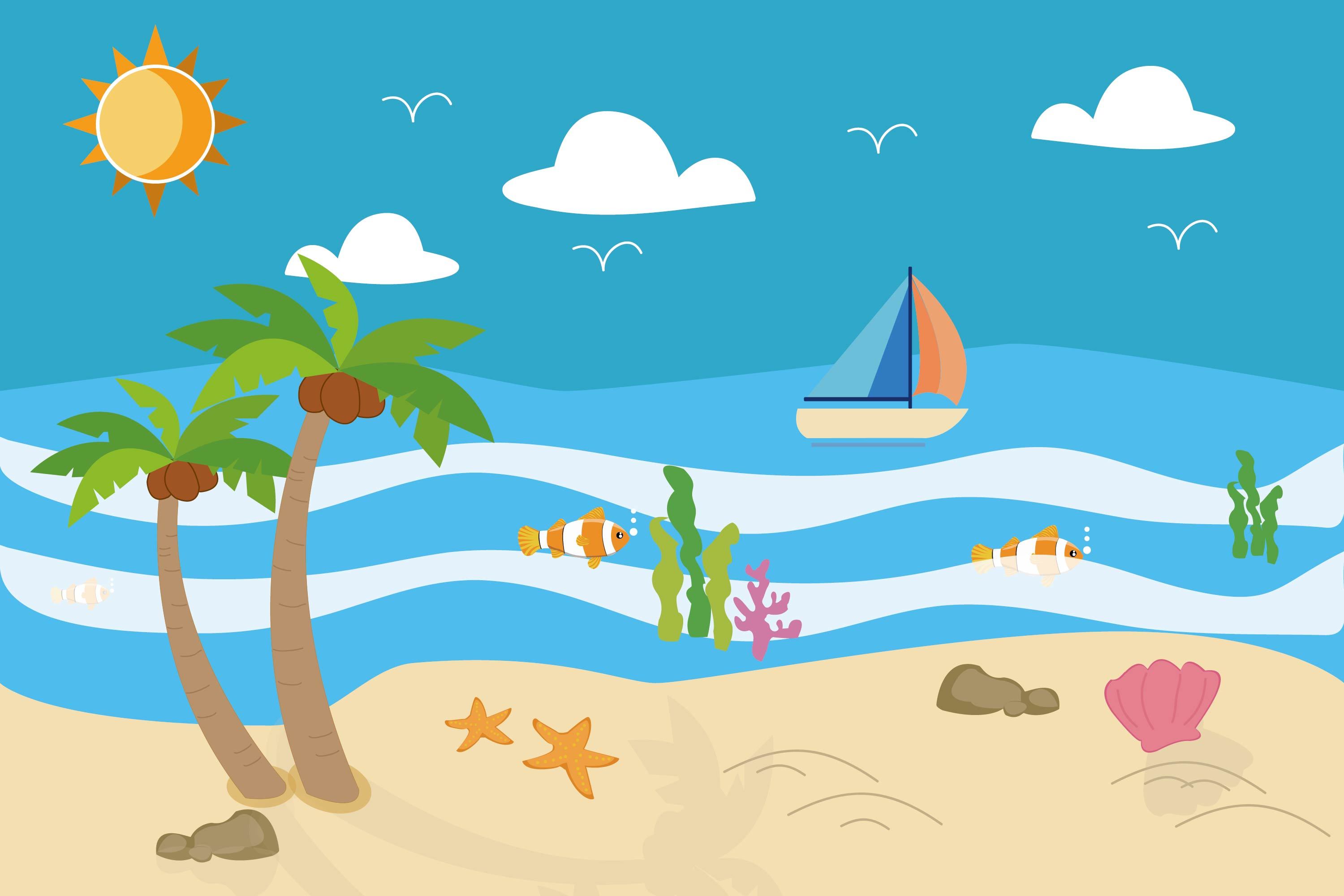 沙滩海边手绘风景插画图片-千库网