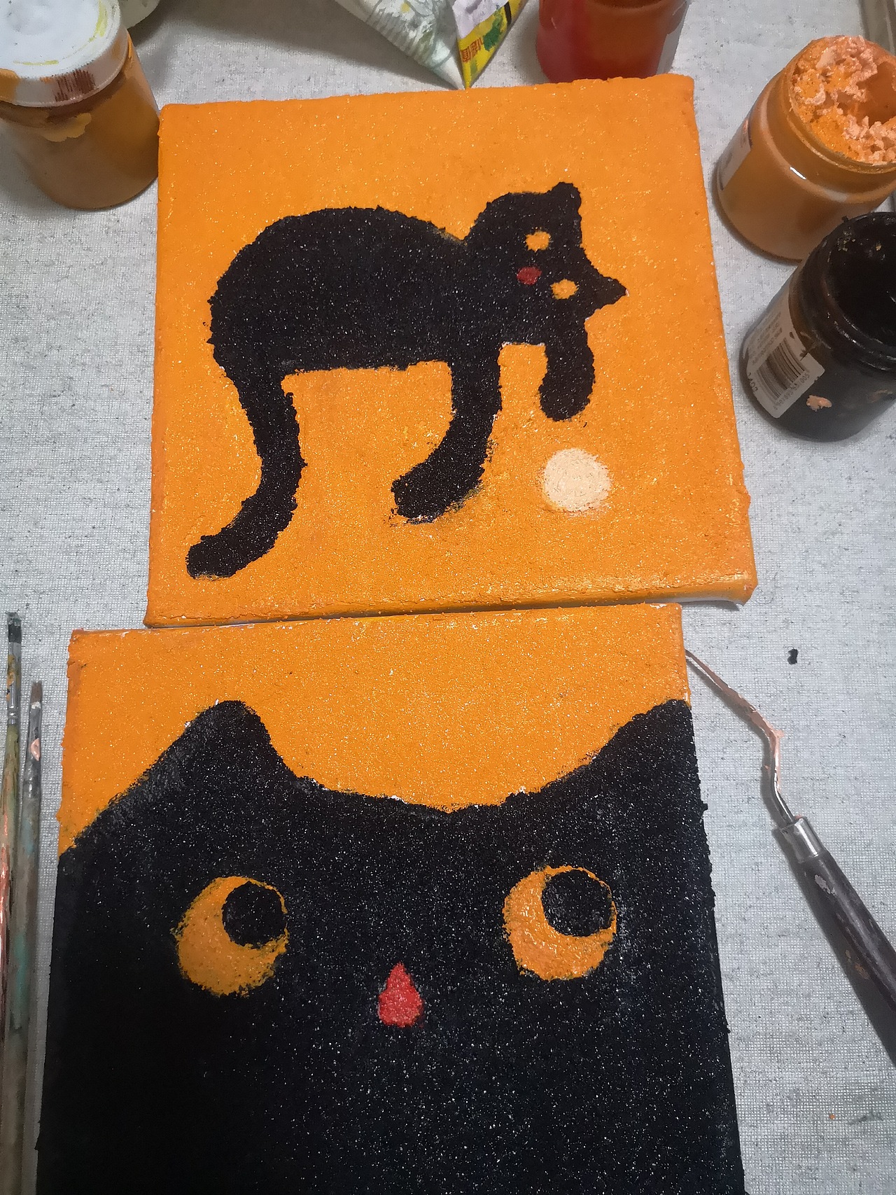 猫咪石英砂肌理画《俩小黑》