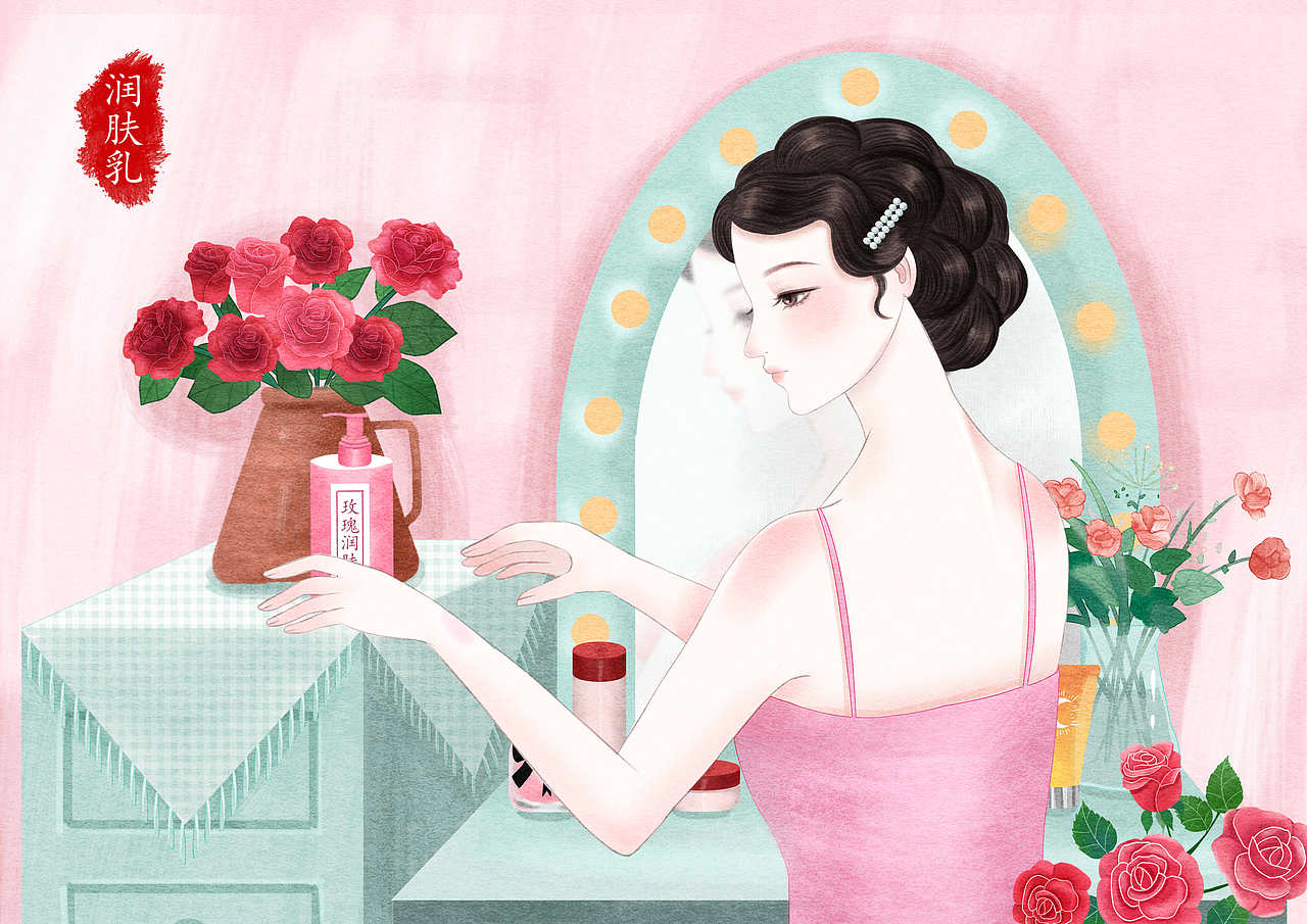 民国风女子化妆系列插画