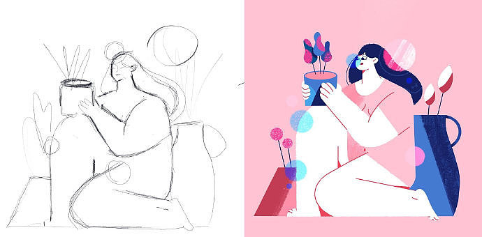 扁平风插画线稿和配色