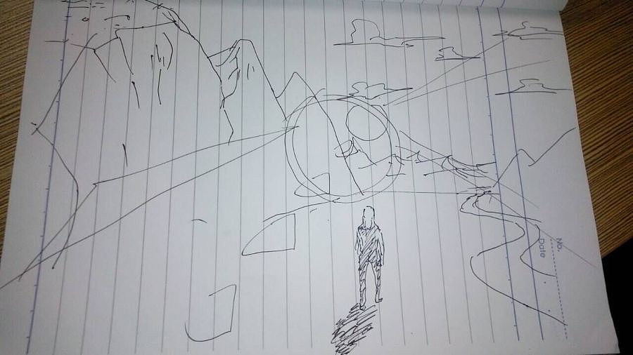 这次合成的灵感是在素材搜集过程中被图片激发的。构图内容大概为在峡谷中独行的游者，其中主要注重氛围体现……
传说中的草图很牛对不对……