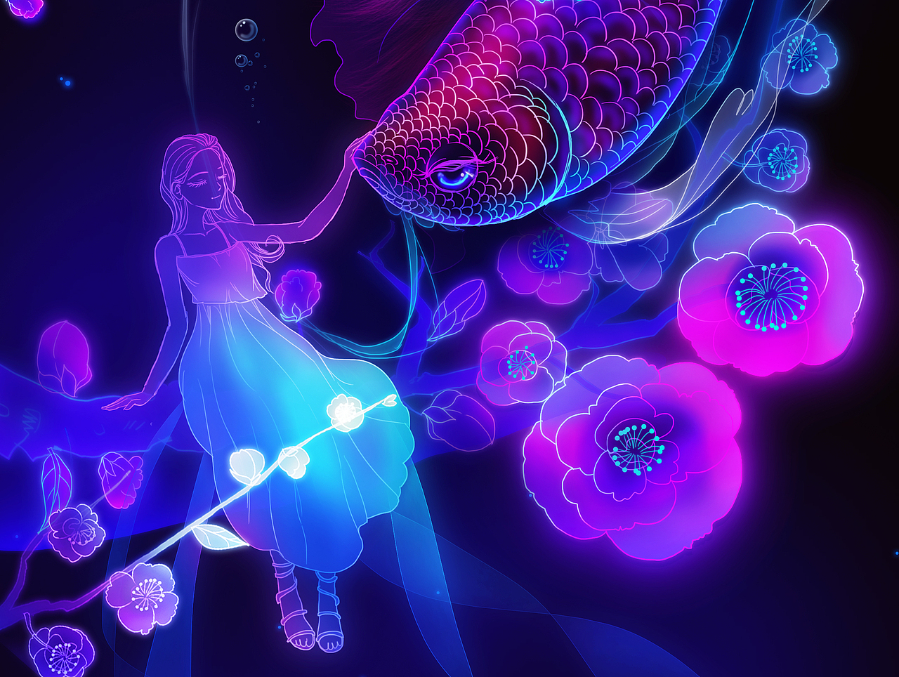 绘画 板绘 荧光 炫彩 巨物 华丽 鱼 鹿 蝴蝶 梦幻 高清（图ZMjkwMTg4Mjg4） - 艺术插画 - 站酷设计师Acai7原创素材 - 站酷ZCOOL