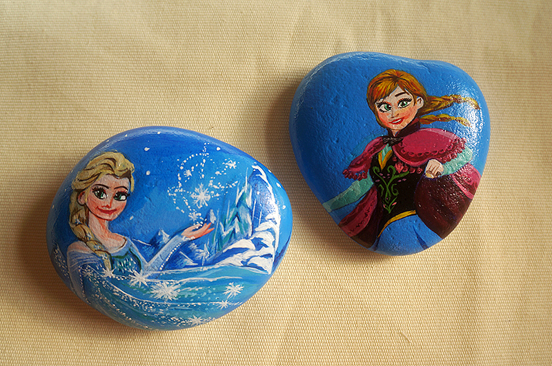 手绘石头冰雪奇缘安娜和艾莎私人订制