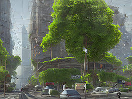 #AI創(chuàng)作實(shí)驗(yàn)室#在一個(gè)繁華的城市里，大樓上長(zhǎng)滿了藤蔓