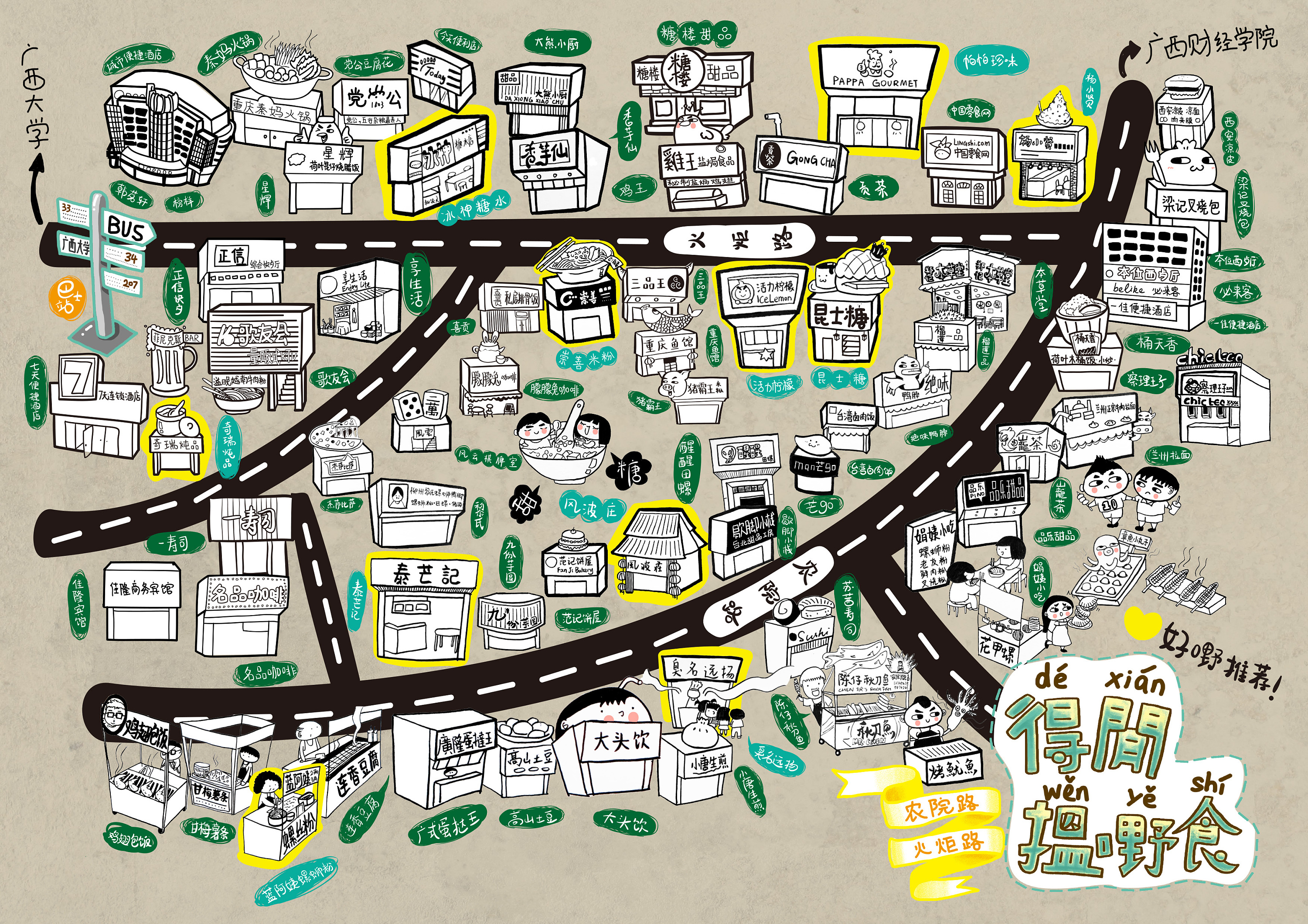 南宁广西大学火炬路手绘美食地图