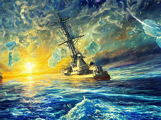 #AI创作实验室#绚烂的宇宙里被蓝色冰晶封存的战舰