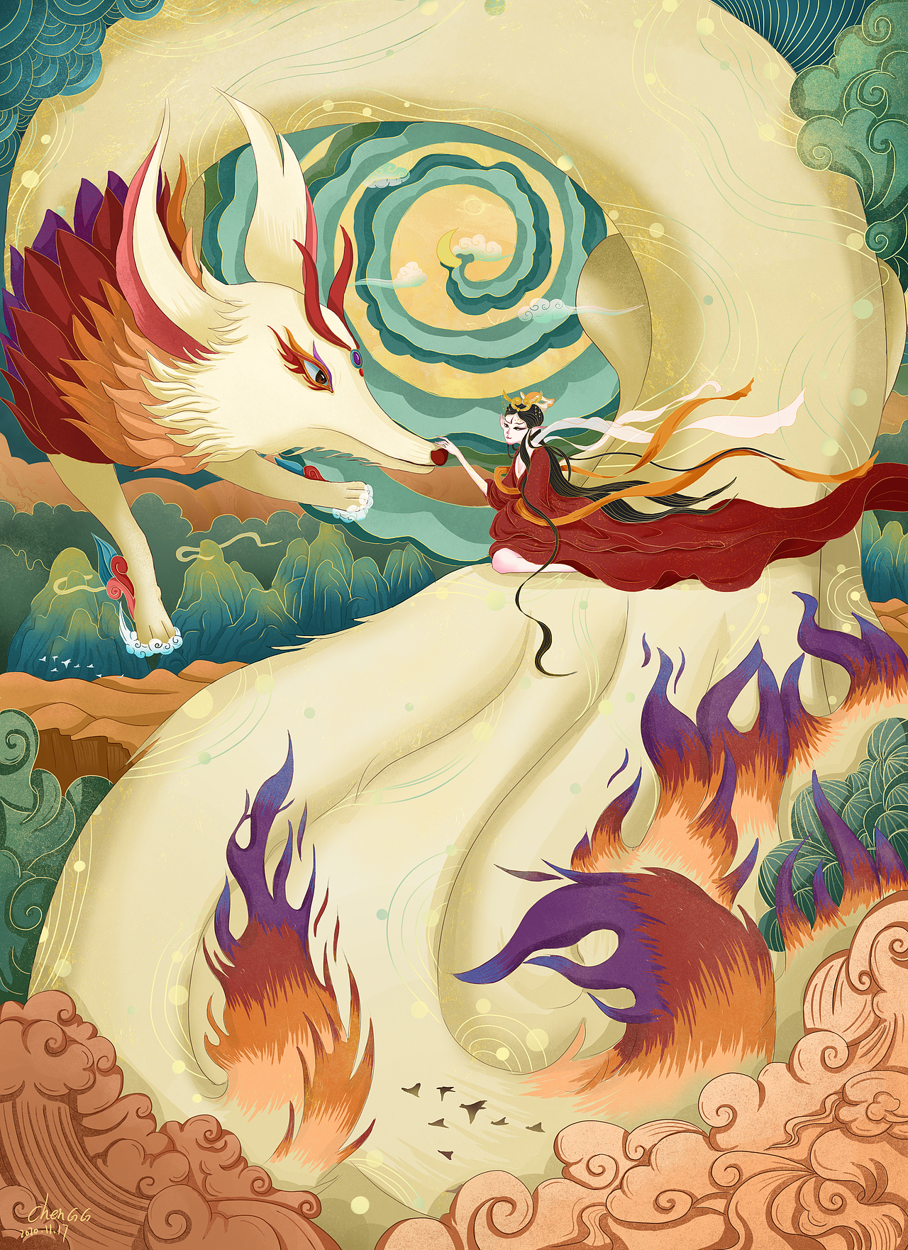 山海经--九尾狐|插画|创作习作|chgll_原创作品-站酷(zcool)