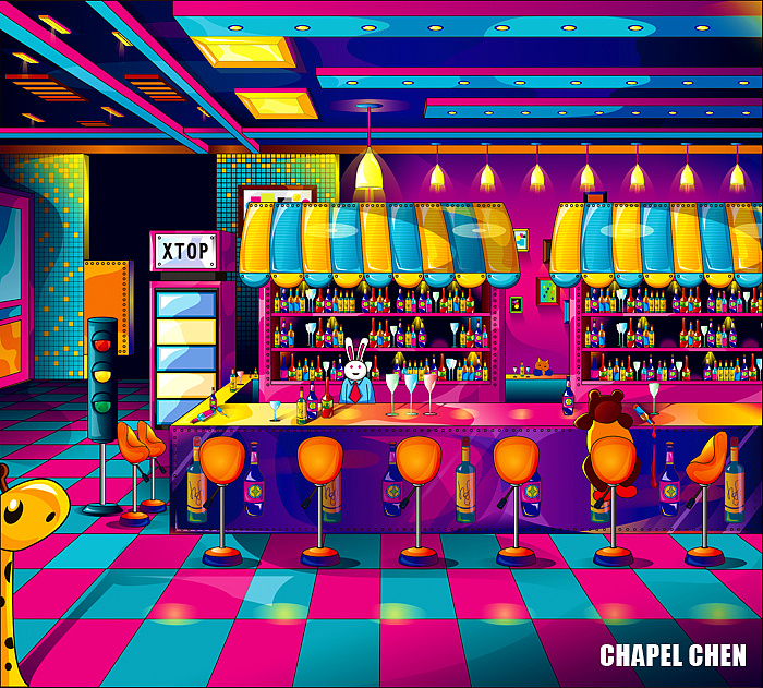 time bus主题酒吧矢量插画式空间效果图设计制作