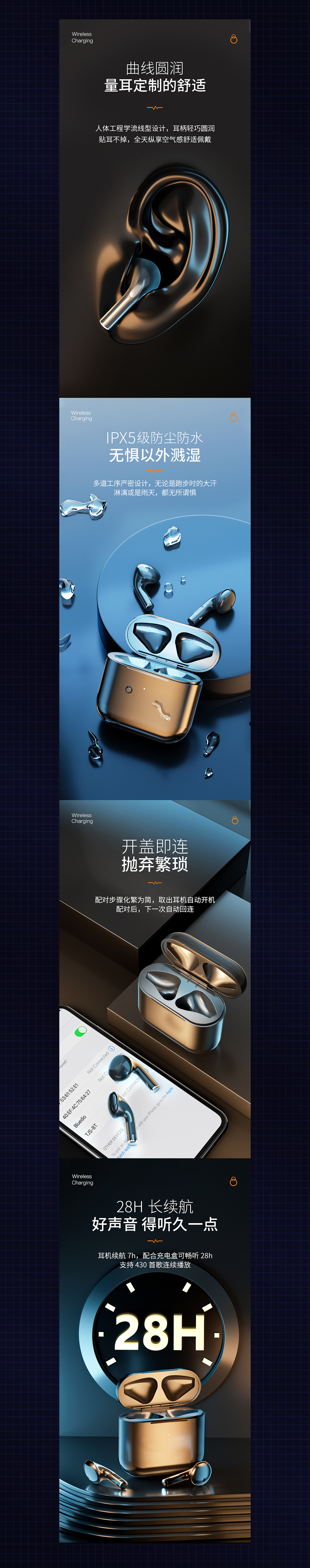 钢化膜、数据线、蓝牙耳机详情页渲染。网页-电商。