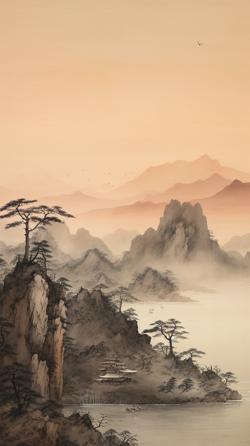 亭台楼阁山水工笔画