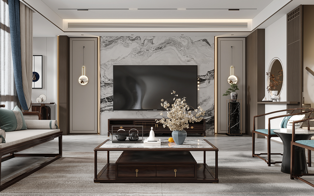 新中式客厅餐厅（图ZMzE3ODQ4OTQ0） - 家装设计 - 站酷设计师韩熙媛原创素材 - 站酷ZCOOL