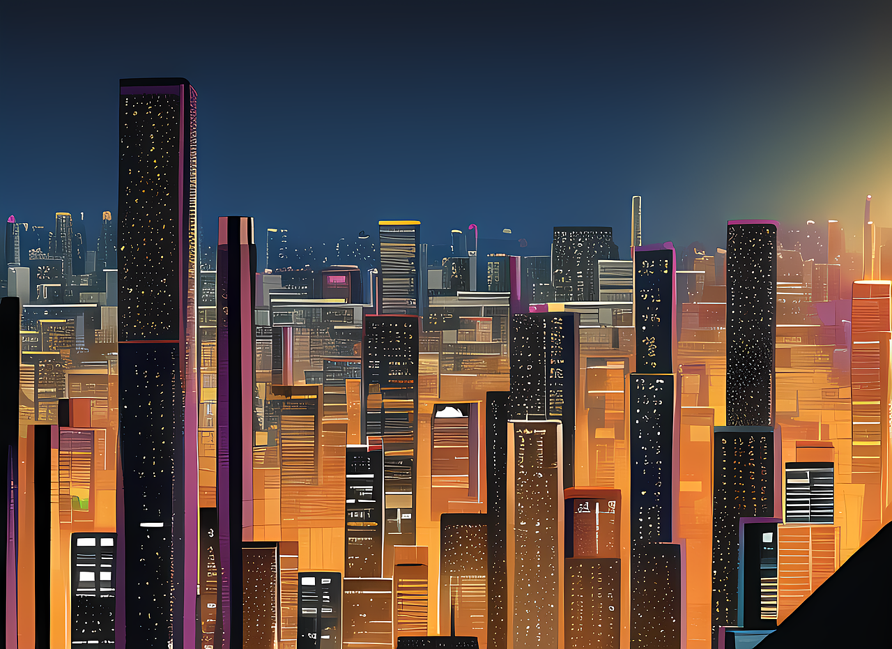 赛博朋克城市房产风险楼市插画装饰画动画电影感背景