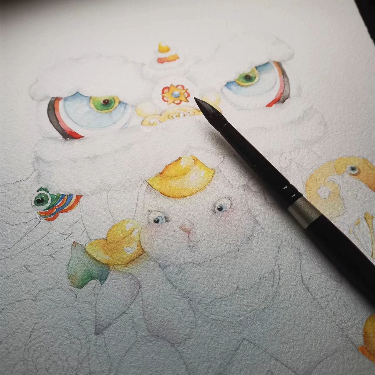 水彩插畫 《兔年舞獅龍》（圖ZMzMxOTIxNTYw） - 商業(yè)插畫 - 站酷設(shè)計師hbjoan原創(chuàng)素材 - 站酷ZCOOL