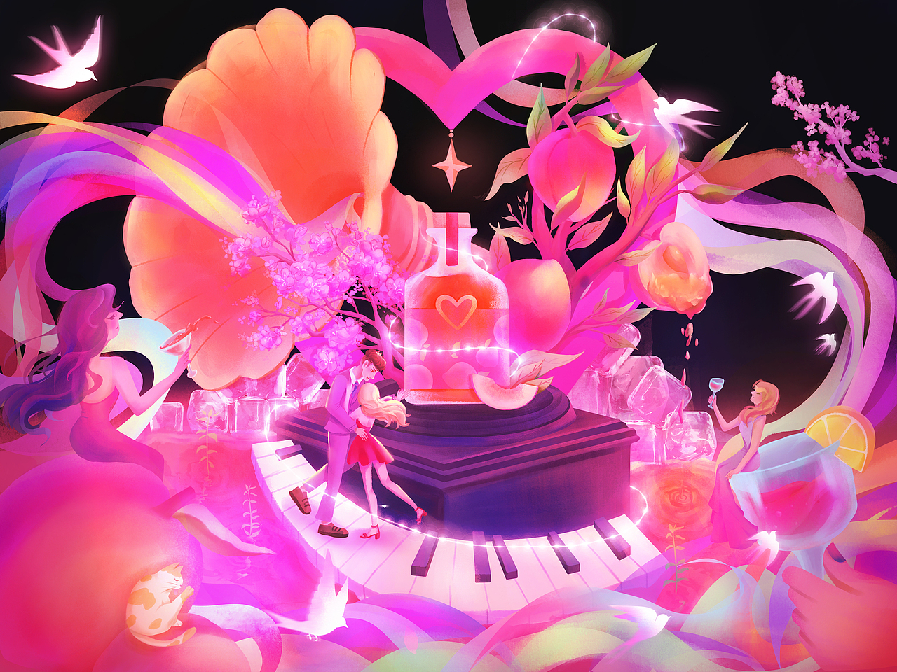 果酒包装插画《邂逅》（图ZMzUzNjAzNDEy） - 商业插画 - 站酷设计师叮喵原创素材 - 站酷ZCOOL