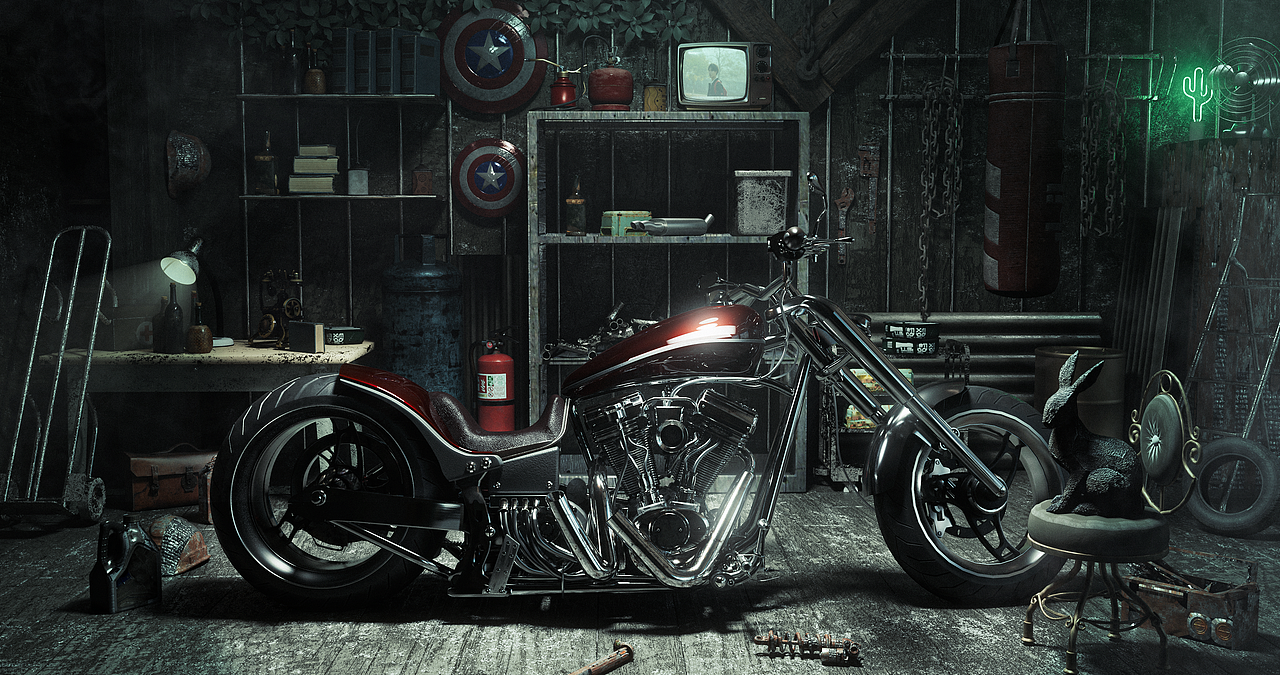 复古哈雷摩托车场景渲染