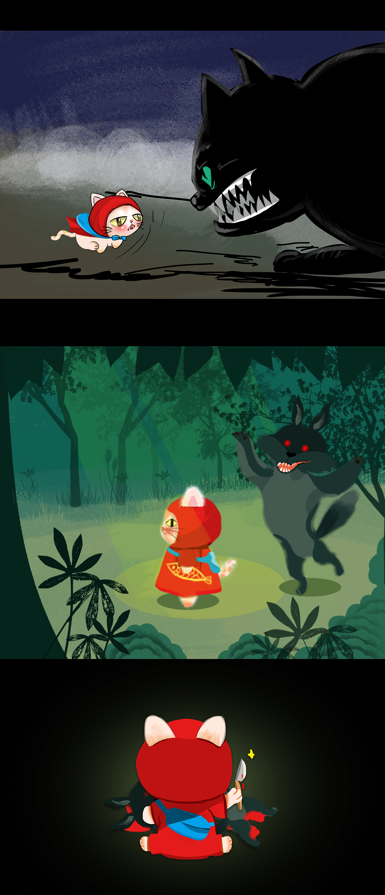 森林治愈梦幻猫咪情侣夜空怪物儿童故事插画