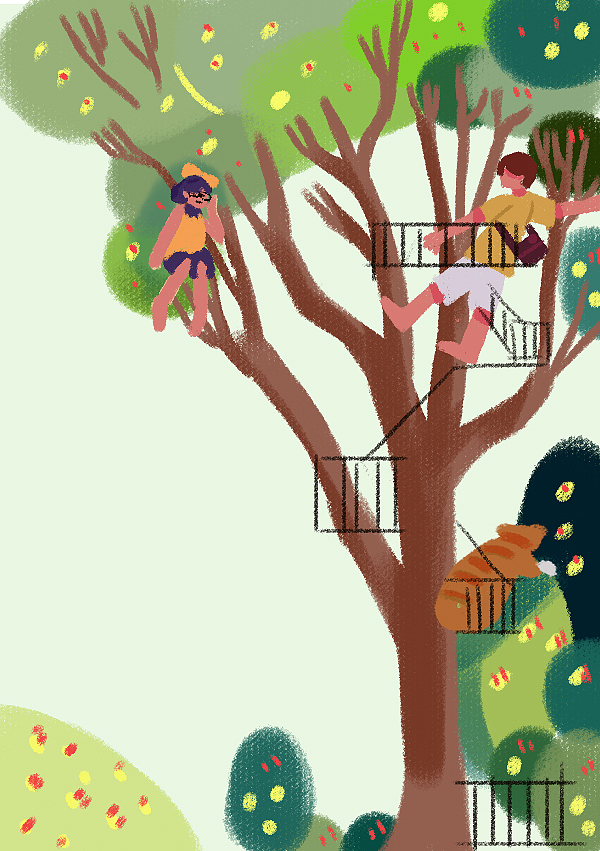 大树小人玩耍小猫