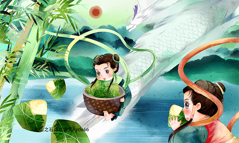 中国风水彩小仙童过节插画中国传统节日