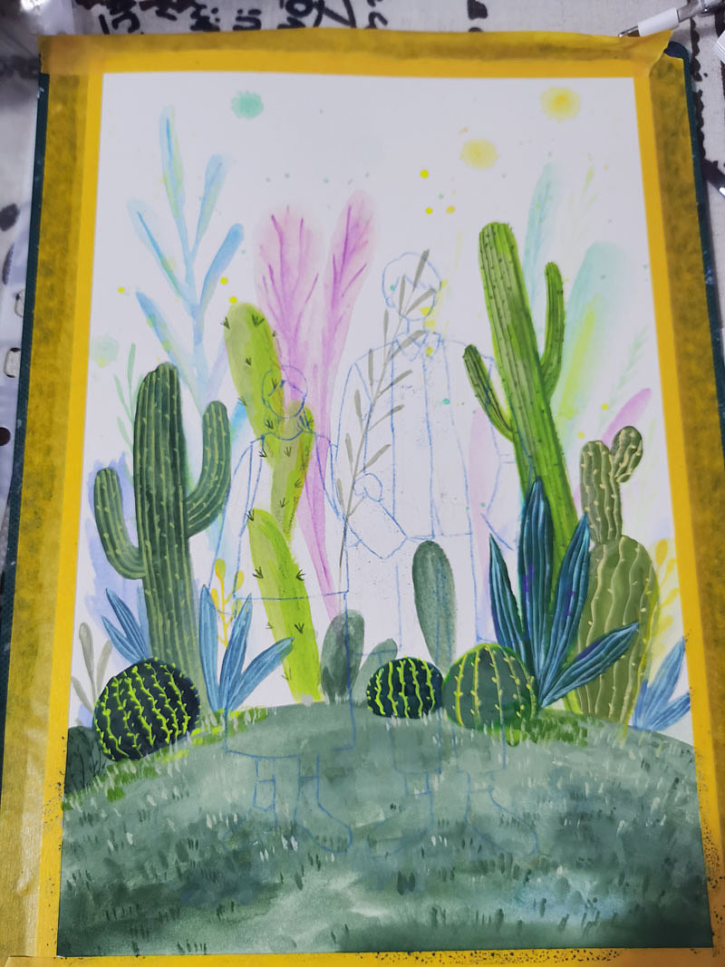 水粉画仙人掌背景