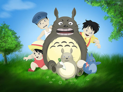 动画片场景重组绘画 龙猫 小孩 蓝天草地