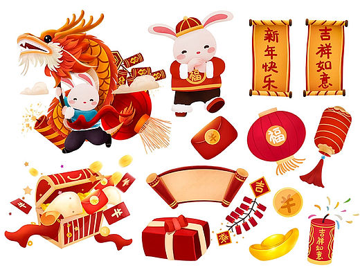 新年元素组合（个人主页-ZNjMyMTgxNjg=） - 商业插画 - 站酷设计师喵喵萌hhx原创素材 - 站酷ZCOOL