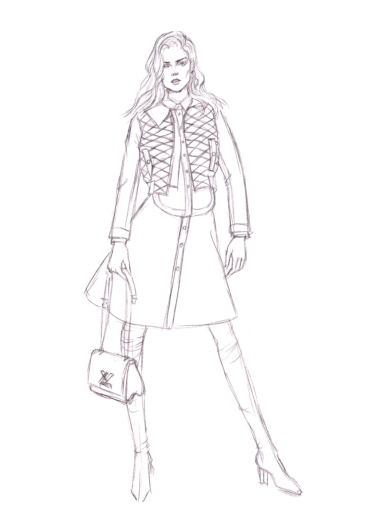 时装画分解步骤衍缝皮衣