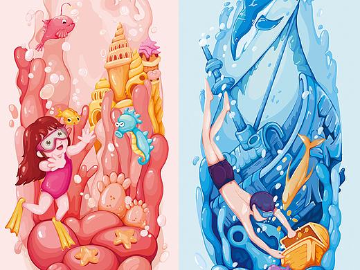 畅游-游泳沐浴露包装插画设计