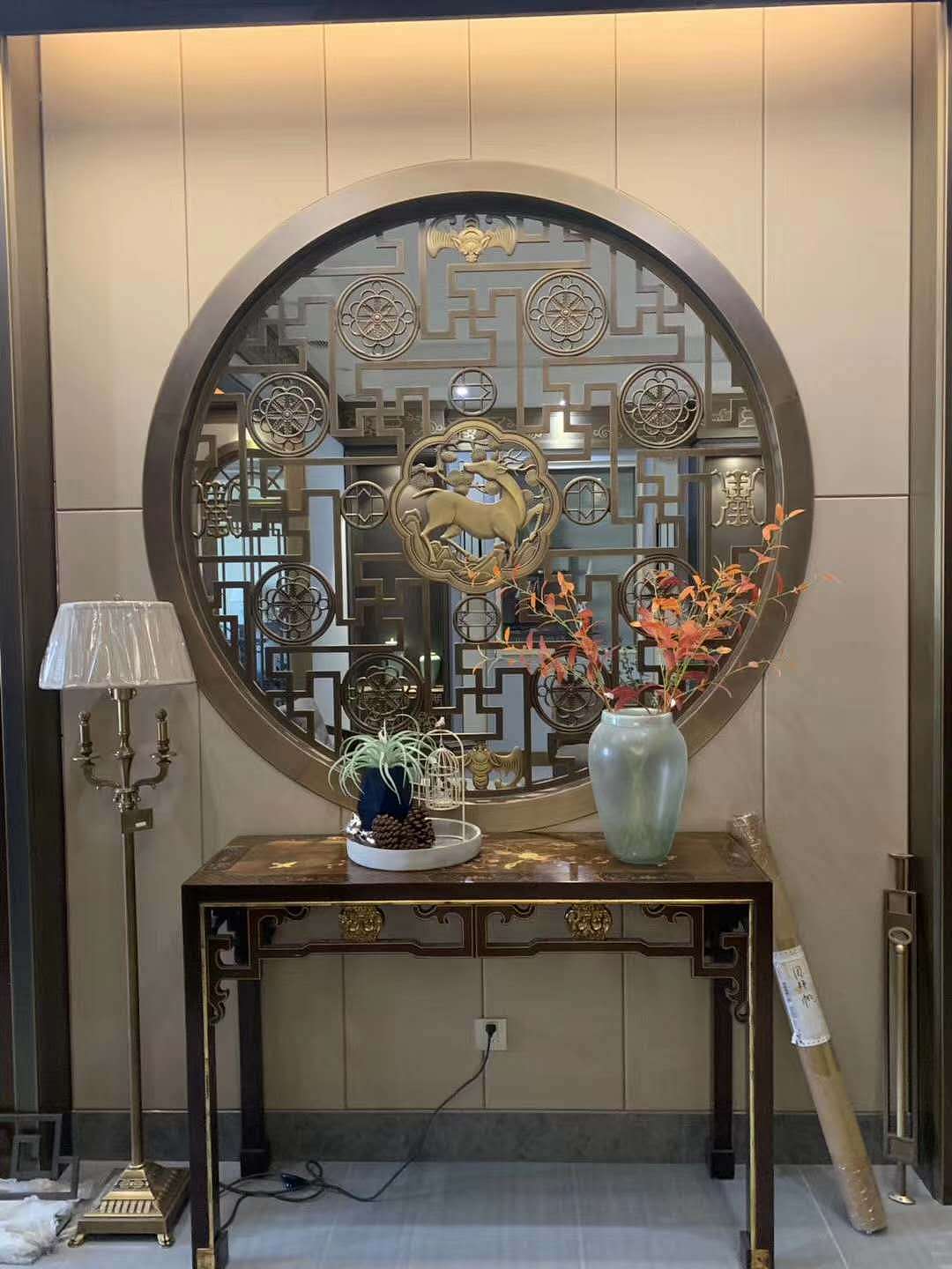 新中式铝艺雕刻镀铜圆形室内外装饰