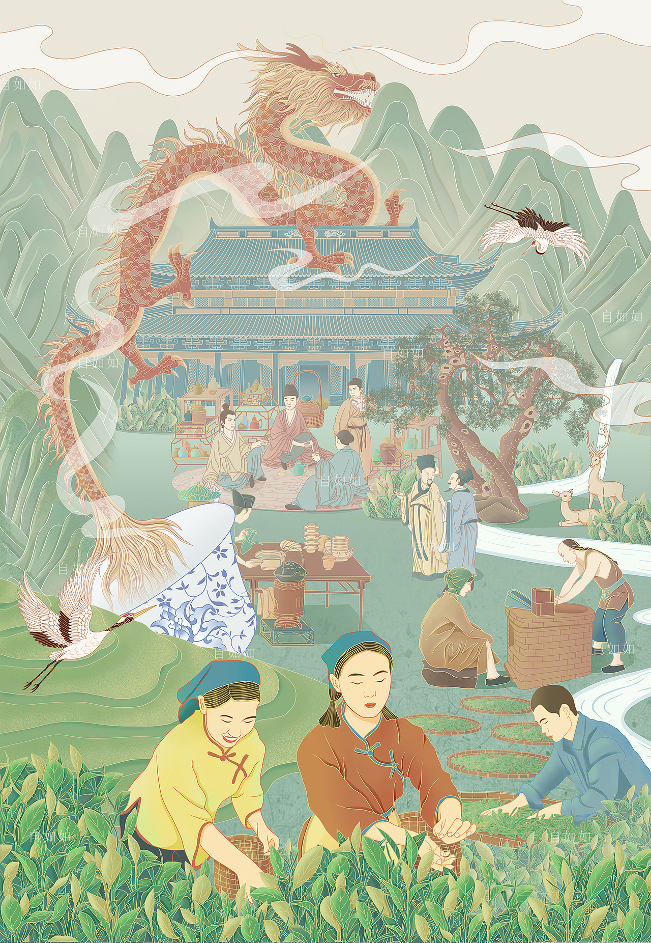 中国茶艺国潮风茶叶包装插画