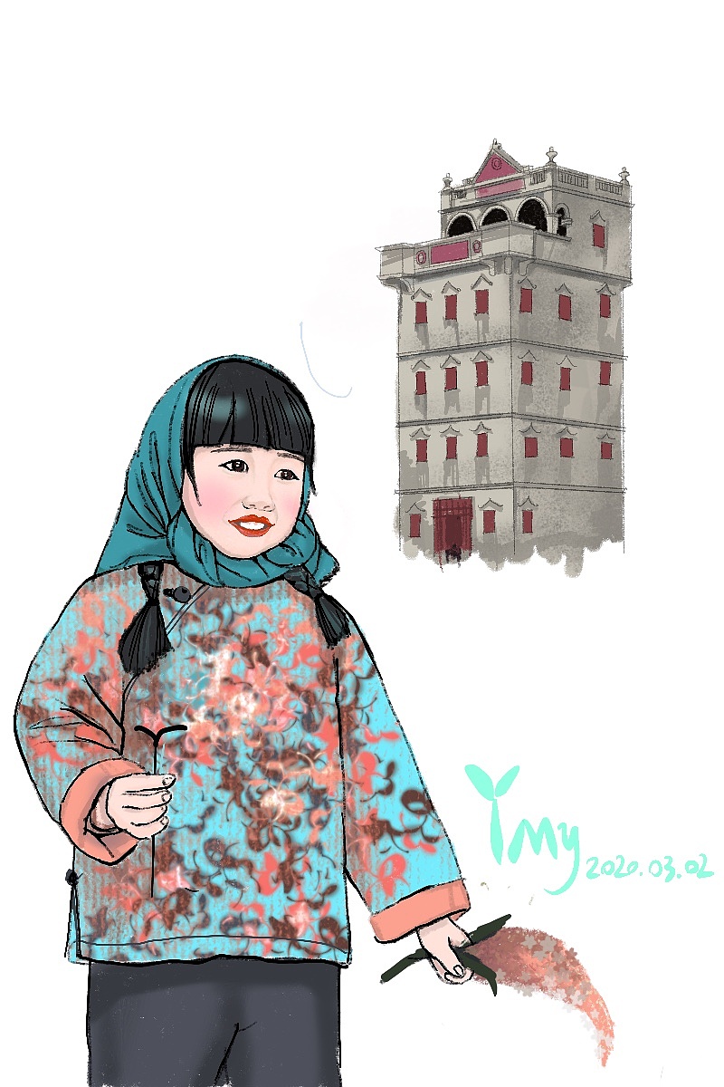 开平碉楼与小女孩|插画|儿童插画|344976360 - 原创作品 - 站酷