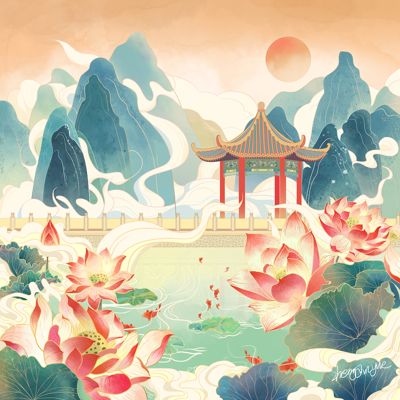 【荷花亭】国风场景插画