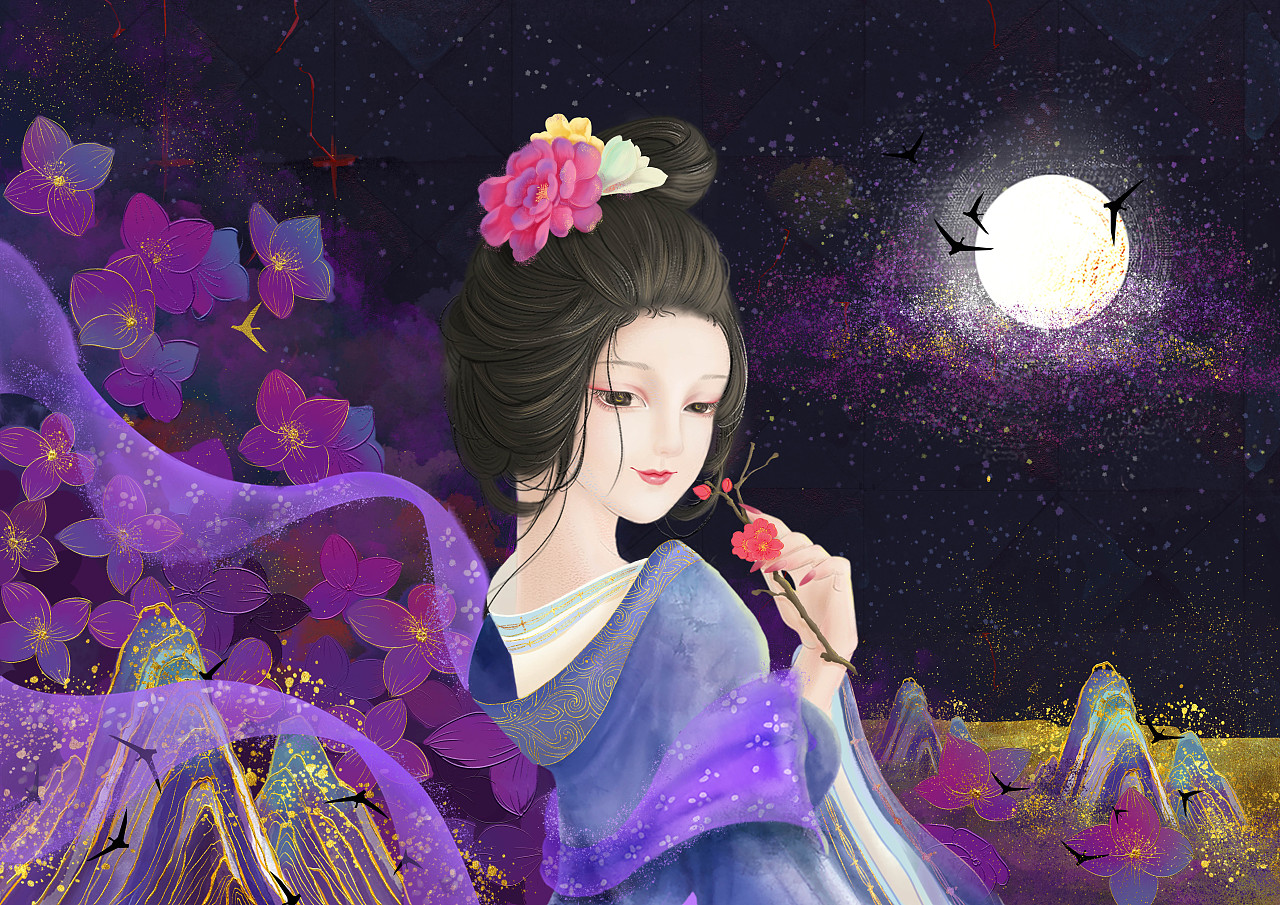 在设计婴宁这个人物形象时,主要突出她爱笑,爱花的这两个特点.