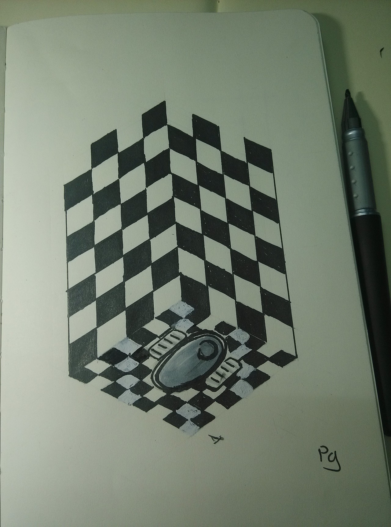 在一个铺满黑白马赛克的厕所里找不到门.(下面的坑透视画错了)