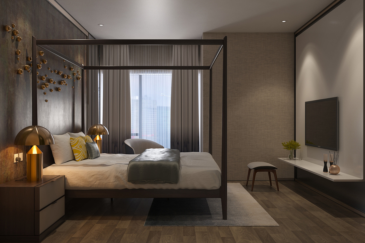 主卧内框体床的木元素与水滴状墙饰的金属元素相互呼应,规则的长方体与不规则的流线型相互碰撞,让奢华规整的空间内,仿佛又有一股大自然的生命力在流动。