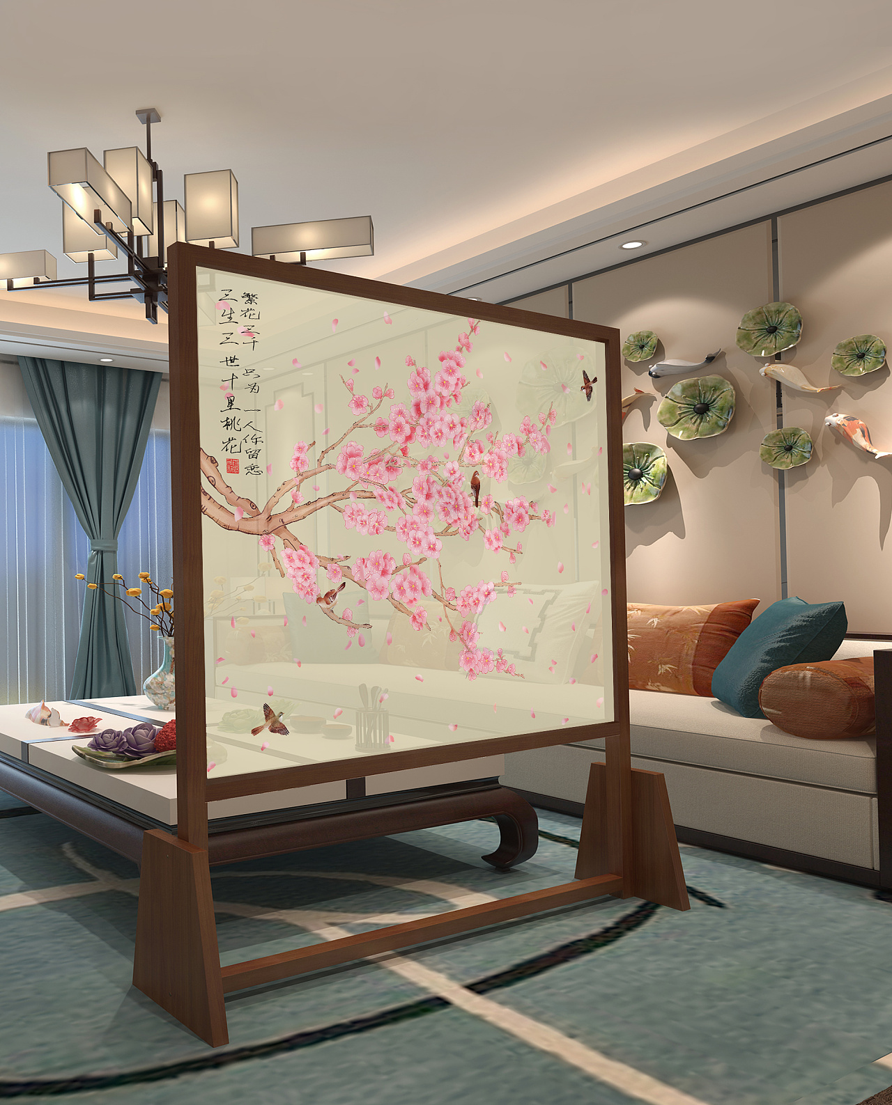 ps原创手绘屏风装饰画家装中国风插画