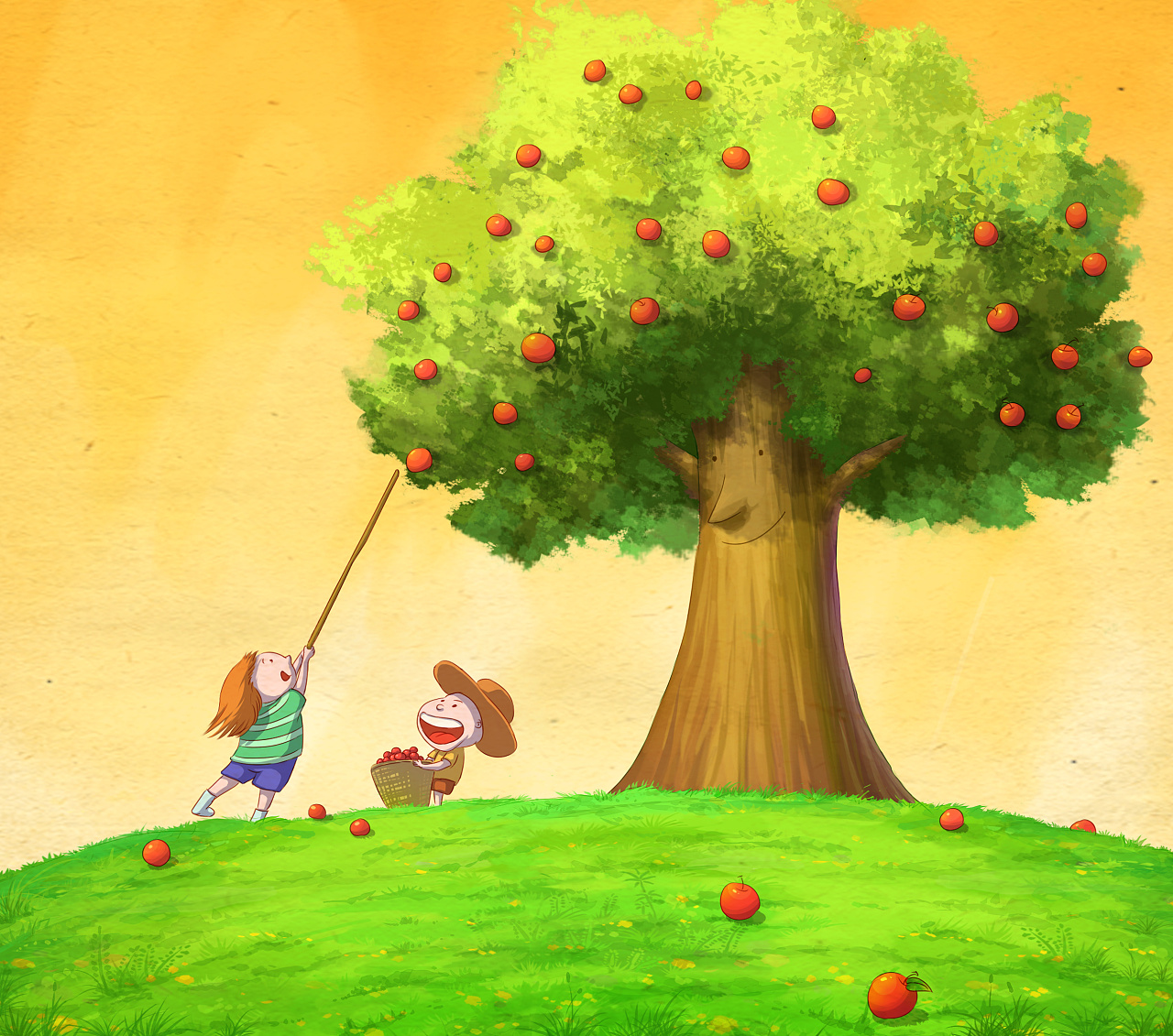 童年夏季小孩爬树鸟窝插画图片-千库网