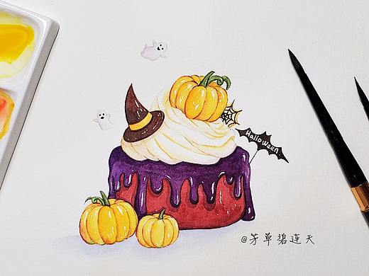 原创水彩美食手绘甜品万圣节南瓜红丝绒小蛋糕