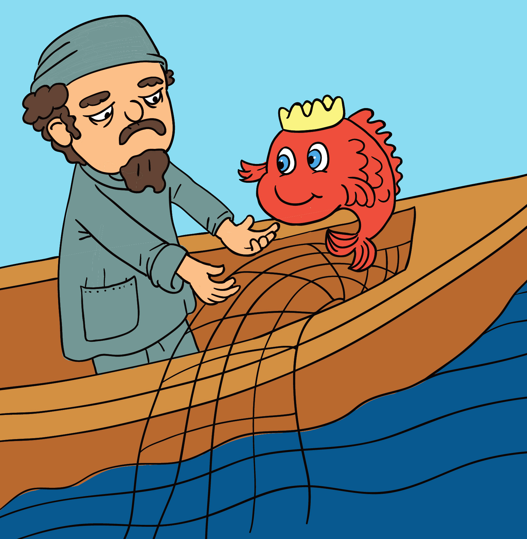 渔夫和金鱼插画图片