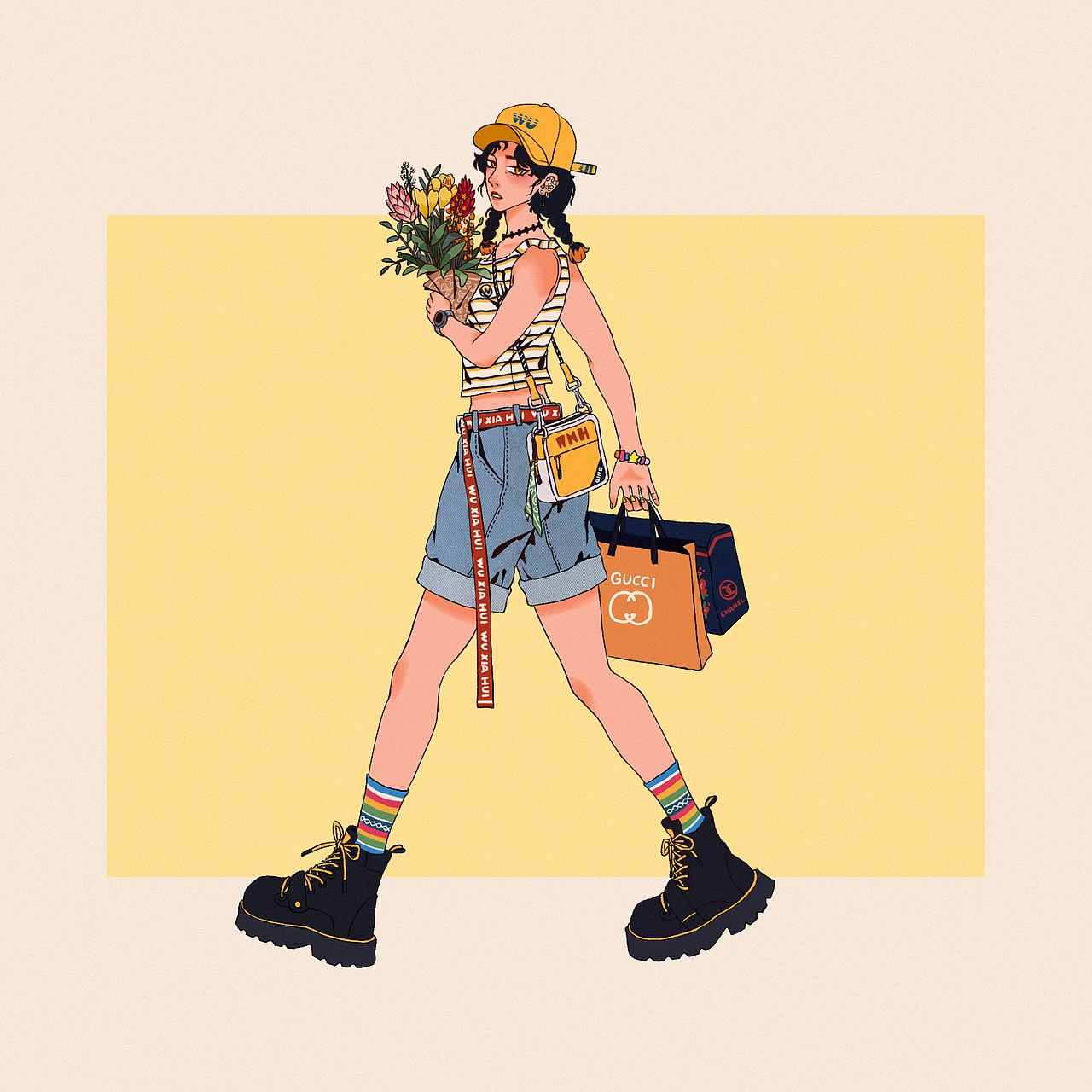 《有花相伴》潮流人设插画练习（图ZMjczNzY3NTQw） - 创作习作 - 站酷设计师SHAHUHU庆庆原创素材 - 站酷ZCOOL