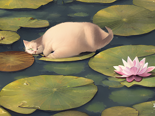 #AI创作实验室#玻璃瓶,荷叶,猫,细雨,李可染