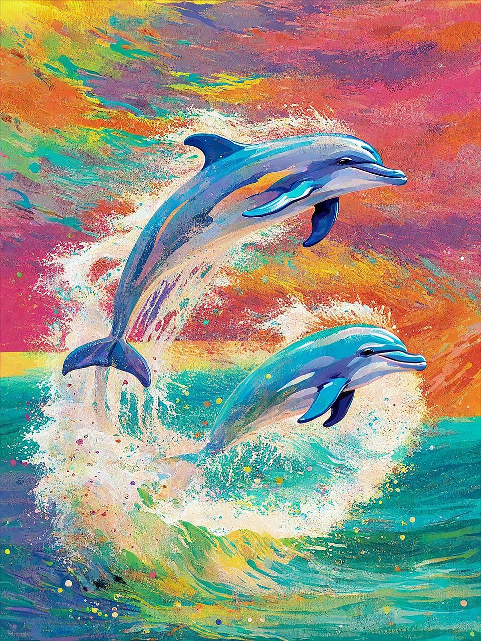 油画丨海豚鱼跃